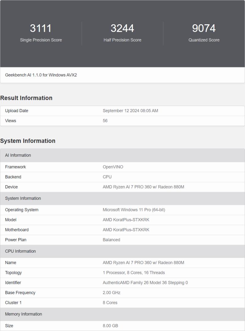 AMD Ryzen AI 7 PRO 360 是首款配备 Radeon 880M iGPU 的 8 核 Strix APU