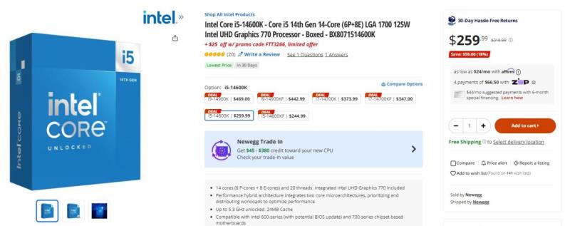 Intel第14代CPU遭遇Newegg“折扣炸弹”，大幅降价：14900KF 7、14700KF 7、14600KF 4