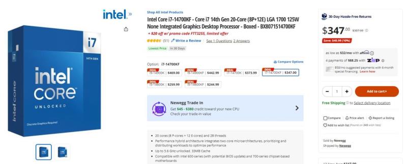 Intel第14代CPU遭遇Newegg“折扣炸弹”，大幅降价：14900KF 7、14700KF 7、14600KF 4