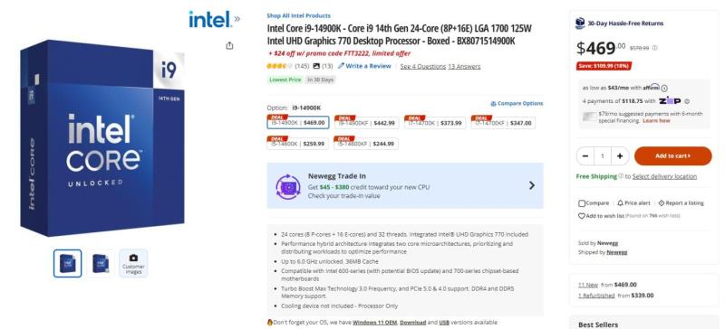 Intel第14代CPU遭遇Newegg“折扣炸弹”，大幅降价：14900KF 7、14700KF 7、14600KF 4