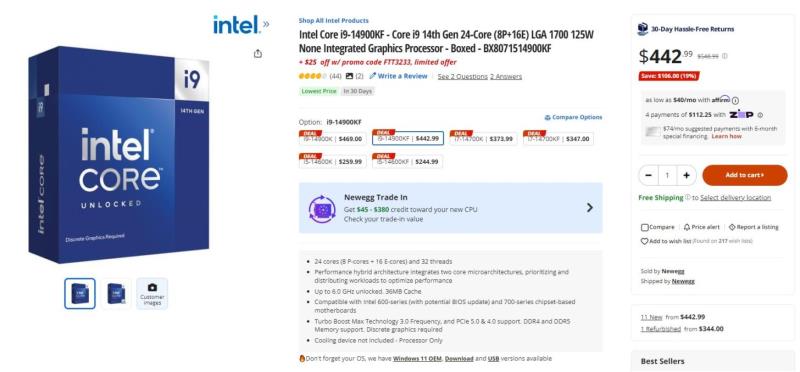 Intel第14代CPU遭遇Newegg“折扣炸弹”，大幅降价：14900KF 7、14700KF 7、14600KF 4