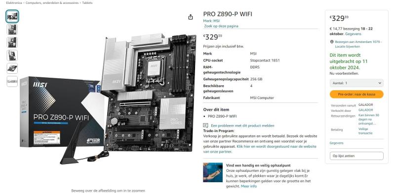 MSI Z890 主板在荷兰亚马逊上市：Pro、Gaming Plus 和 Tomahawk 起售价 329 欧元