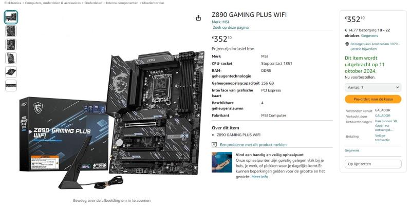 MSI Z890 主板在荷兰亚马逊上市：Pro、Gaming Plus 和 Tomahawk 起售价 329 欧元