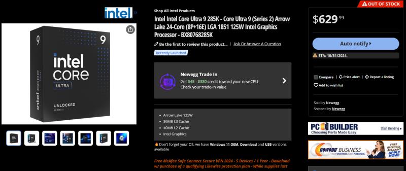 Intel Core Ultra 200S CPU 现已开放预订：Ultra 9 285K 9、Ultra 7 265K 9、Ultra 5 245K 4