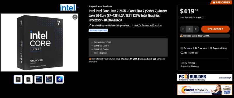 Intel Core Ultra 200S CPU 现已开放预订：Ultra 9 285K 9、Ultra 7 265K 9、Ultra 5 245K 4