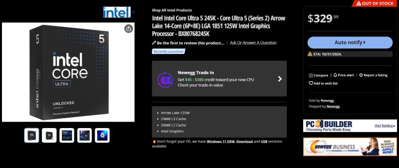 Intel Core Ultra 200S CPU 现已开放预订：Ultra 9 285K 9、Ultra 7 265K 9、Ultra 5 245K 4