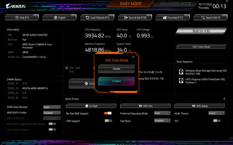 技嘉为X870E主板推出“X3D Turbo模式”：AMD Ryzen 9000X3D CPU游戏性能提升高达35%