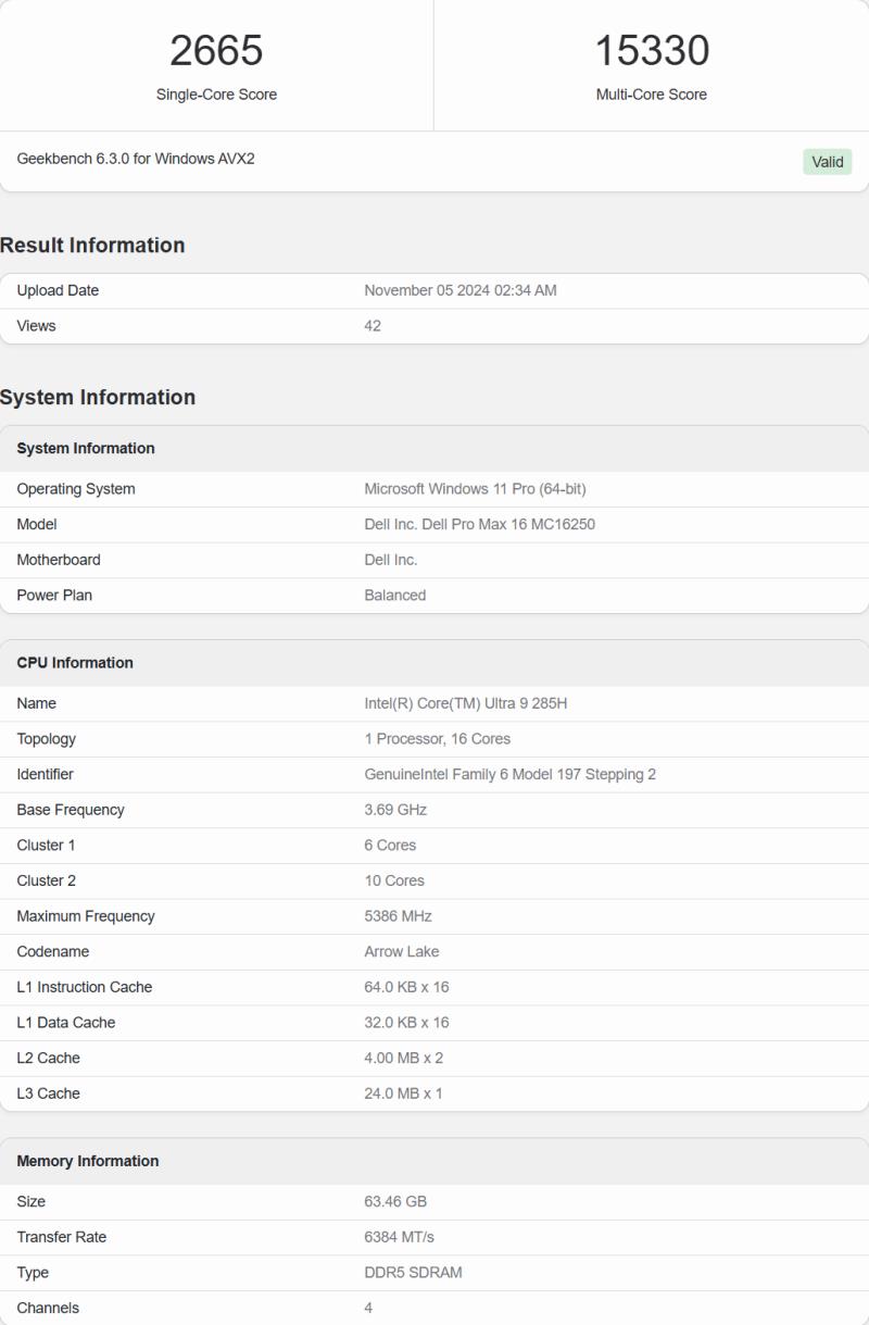 Intel Core Ultra 9 285H“Arrow Lake”CPU经过测试，Dell Pro Max 16笔记本电脑拥有16核，比185H“Meteor Lake”快28%