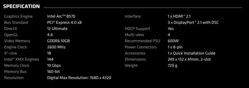 英特尔 Battlemage Arc B570 在线曝光，规格曝光：10 GB GDDR6、2.6 GHz 核心时钟等